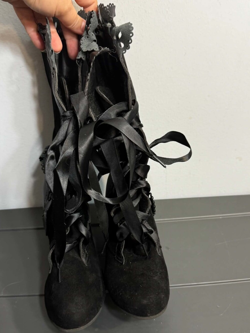 Black Gothic Lolita Ruffle Ribbon Lace-Up Boots Size 37
